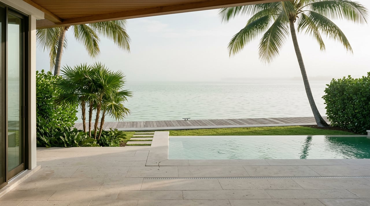 Waterfront terrace with limestone pavers, a teak pergola, palm trees, and a dock extending into calm water.