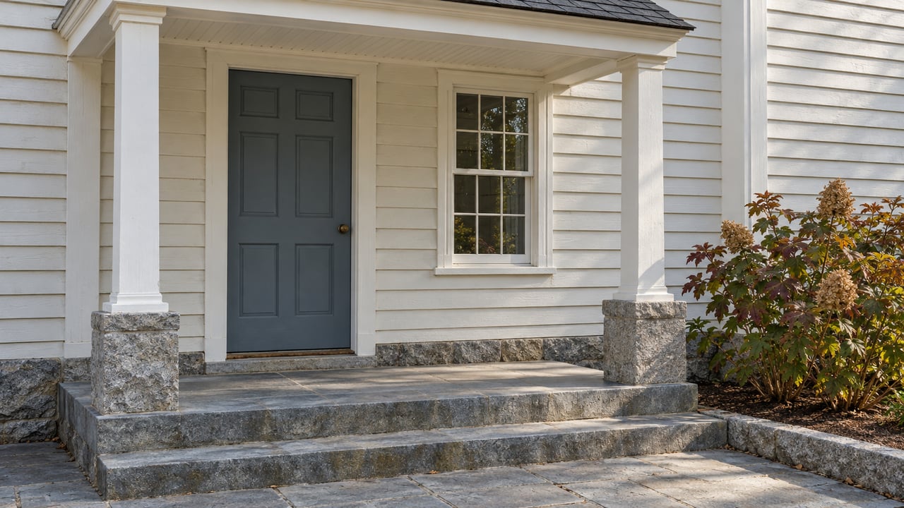 Close view of an off-white clapboard home with a slate-blue door, white portico posts, bluestone steps and autumn oakleaf hydrangea.