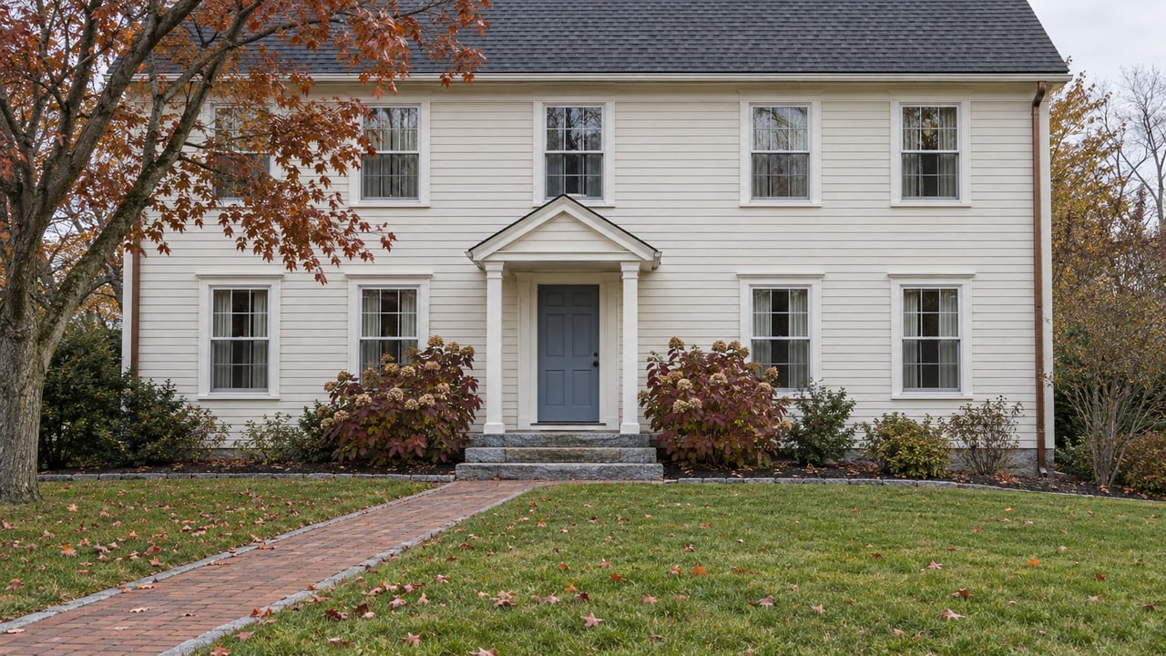 Ivory clapboard home with a blue-gray front door, brick walk, broad autumn lawn and sparse russet maple leaves under soft daylight.