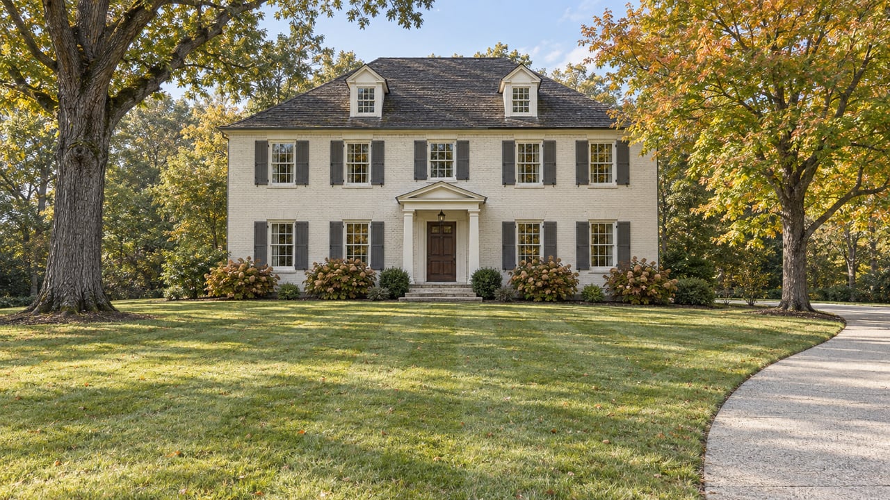 Ivory brick house with charcoal shutters and a columned entry beyond a broad autumn lawn and curved driveway.