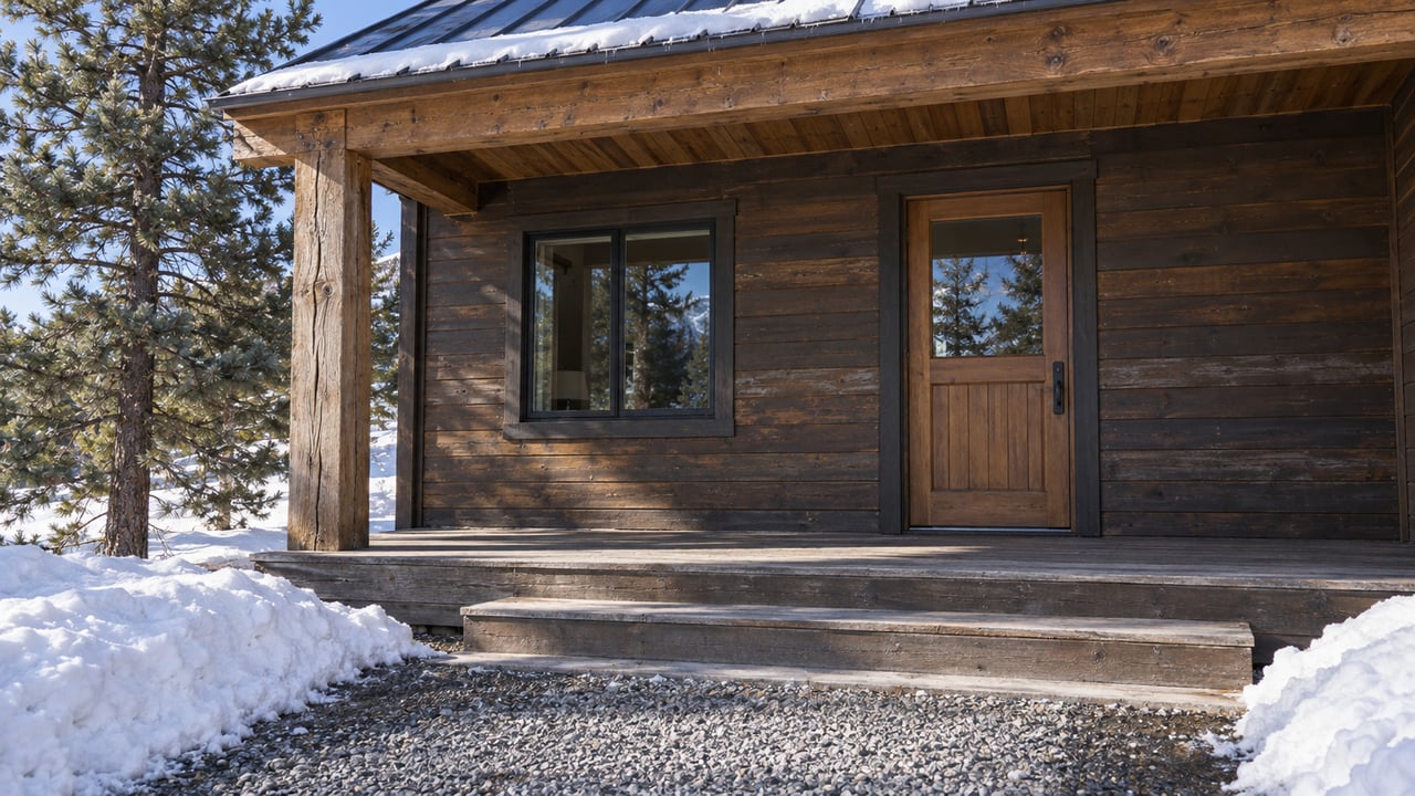 Sunlit timber cabin entry with a glazed door, broad wooden steps, snow-edged gravel and a mature limber pine.