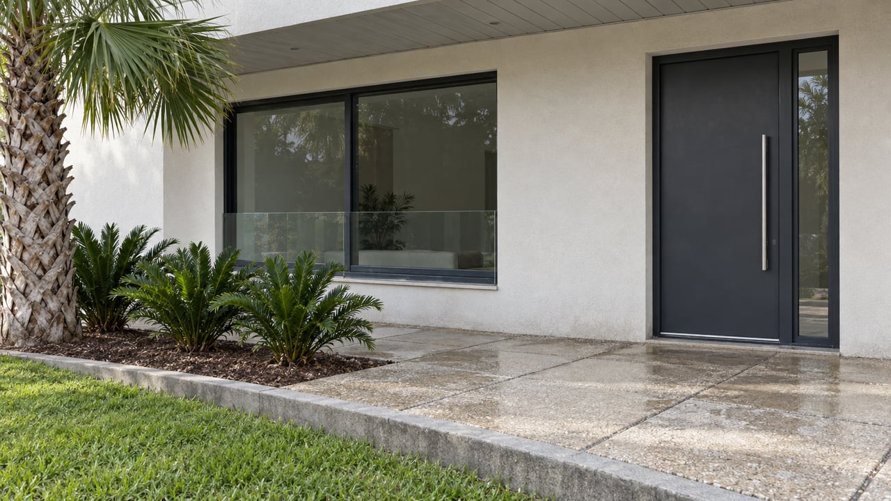 Modern home's covered entry with pale stucco, charcoal glazing, shell-aggregate paving and a palm beside the lawn.