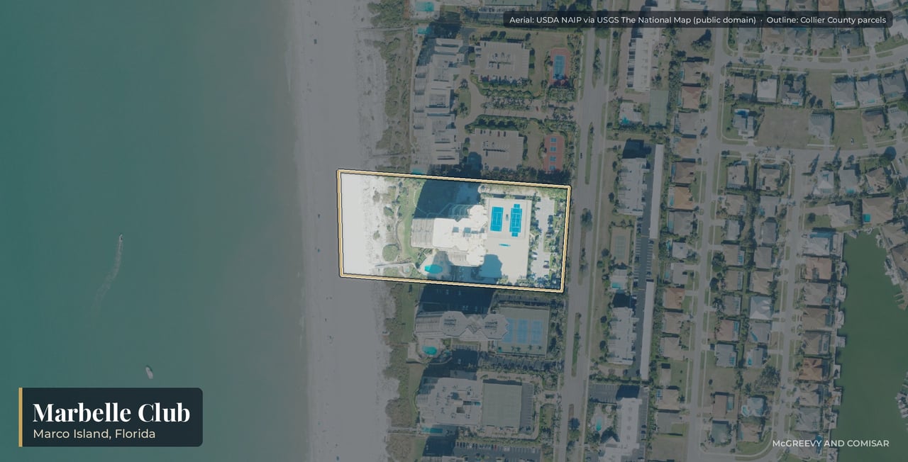 Aerial view of Marbelle Club on Marco Island, Florida, the 17-story condominium tower at 840 South Collier Boulevard between the road and the beach