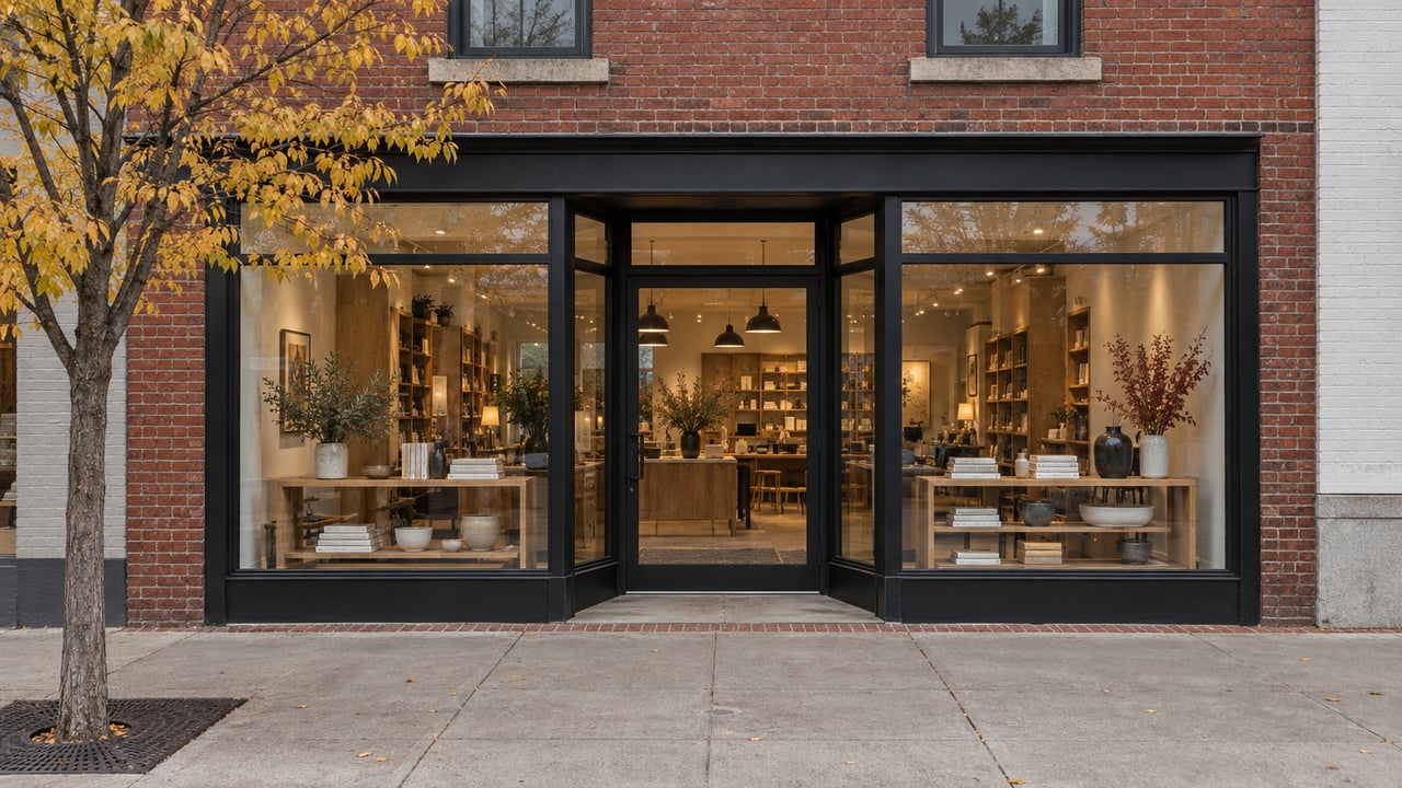 Renewed red-brick storefront with black-framed windows, oak shelving, and a sidewalk tree with yellow leaves.