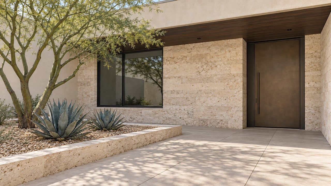 Sunlit entry courtyard with pale limestone, a bronze-toned door, dark-framed glazing, and sculptural desert planting.