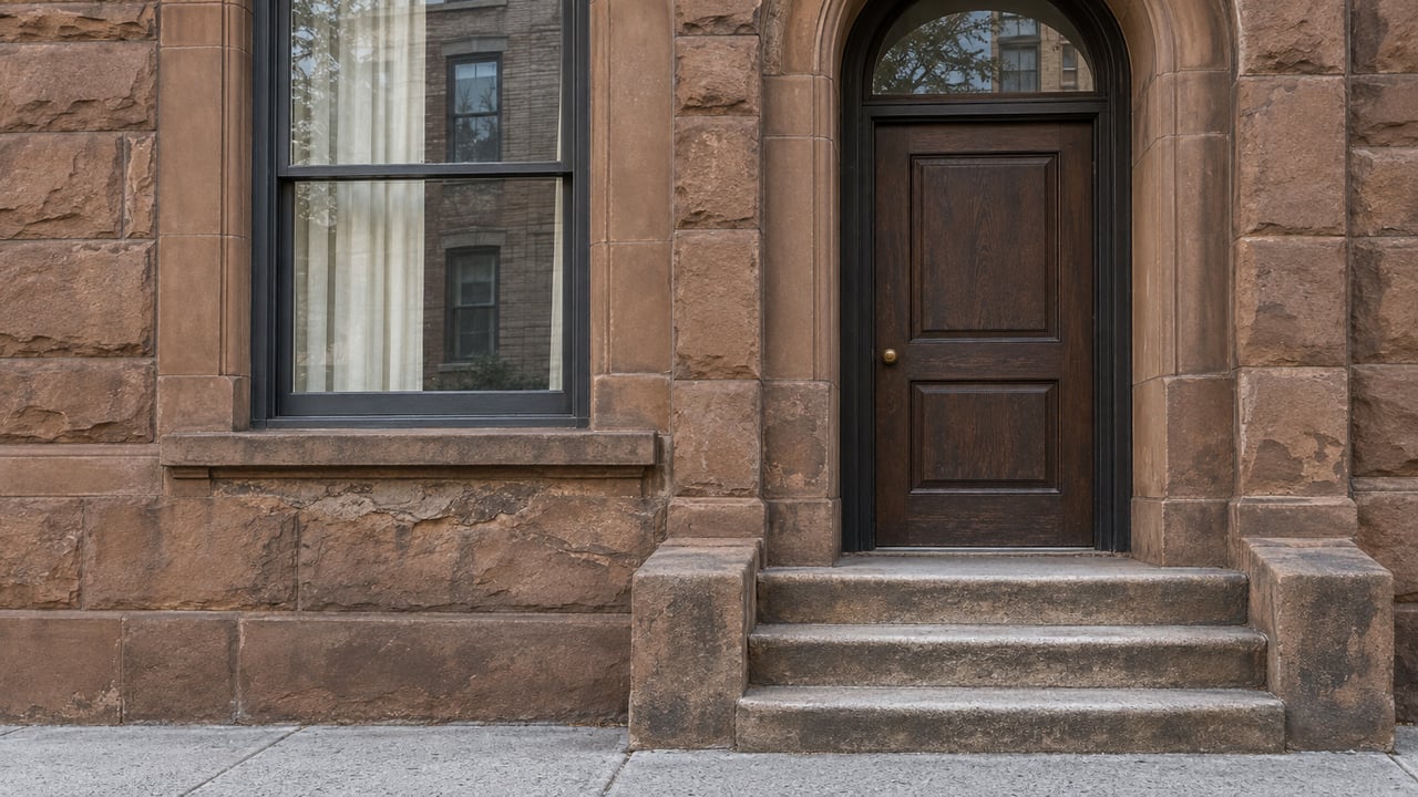 Weathered brown sandstone townhouse entrance with a closed oak door, sash window and worn stone steps in cool autumn light.