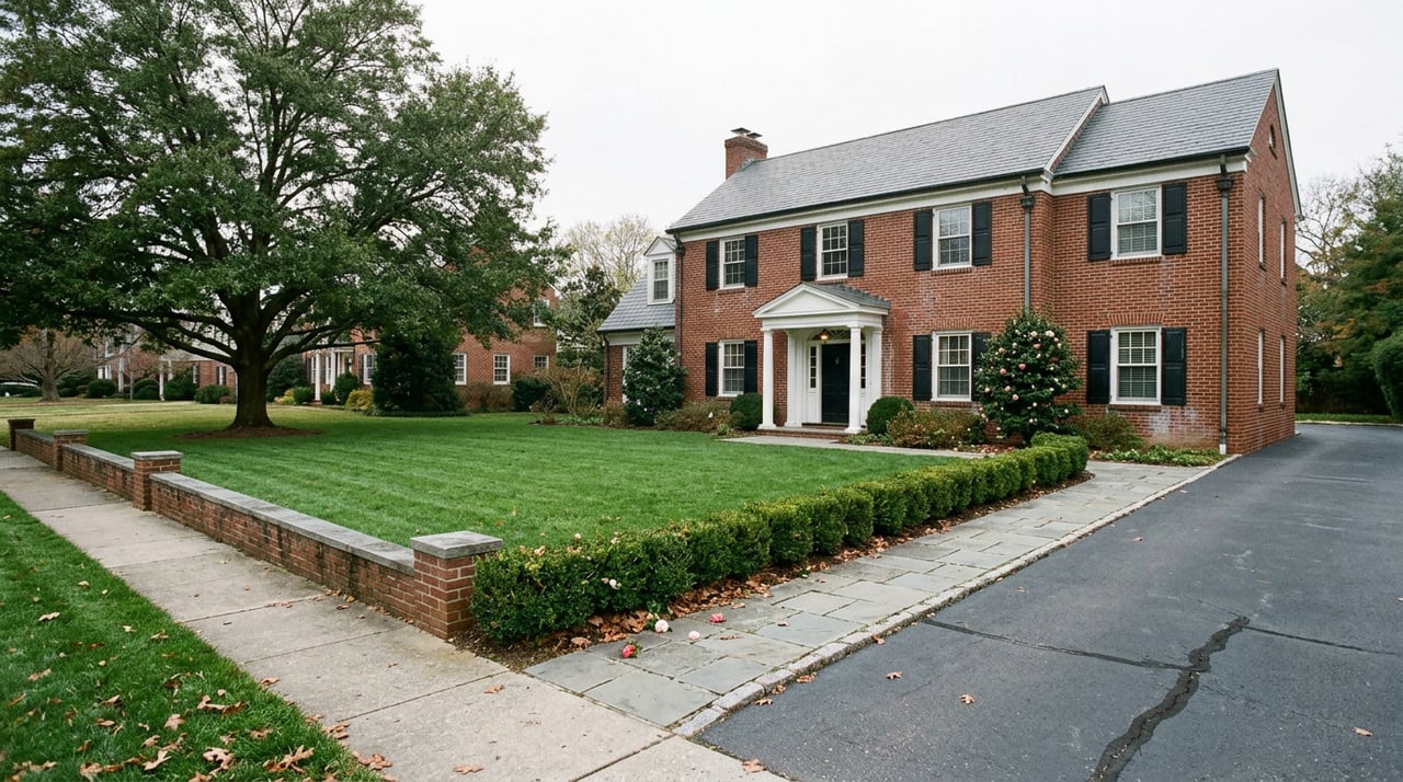 Red-brick Colonial house with white portico, black shutters, and a broad lawn beneath a spreading oak.