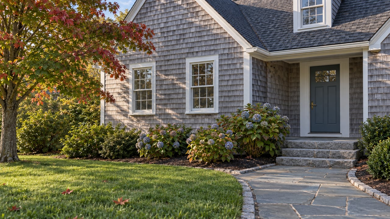 Weathered cedar-shingle home with white sash windows, a slate-blue entry door, granite steps, and fading blue hydrangeas beside a bluestone walk.