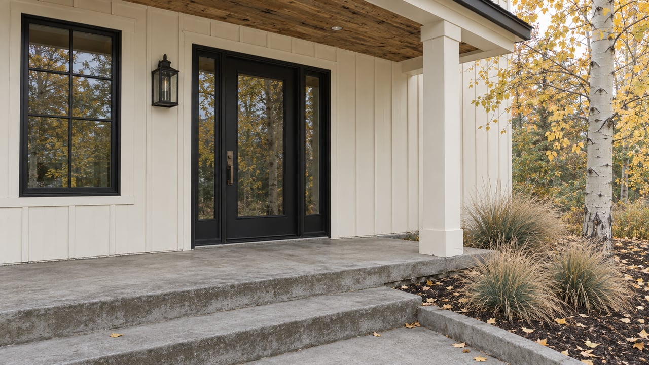 Cream board-and-batten home entry with black-framed glazing, weathered concrete steps and a yellow-leaved aspen beside the porch.