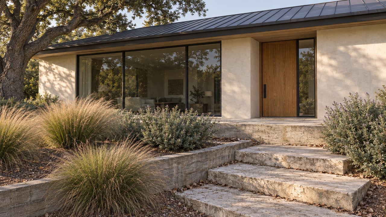 Single-story stucco house with a dark metal roof, oak tree, limestone steps, and planted sloping garden.