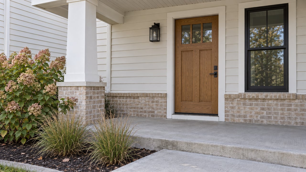 Covered home entry with an oak door, light siding, buff brick, and autumn hydrangea beside a concrete step.