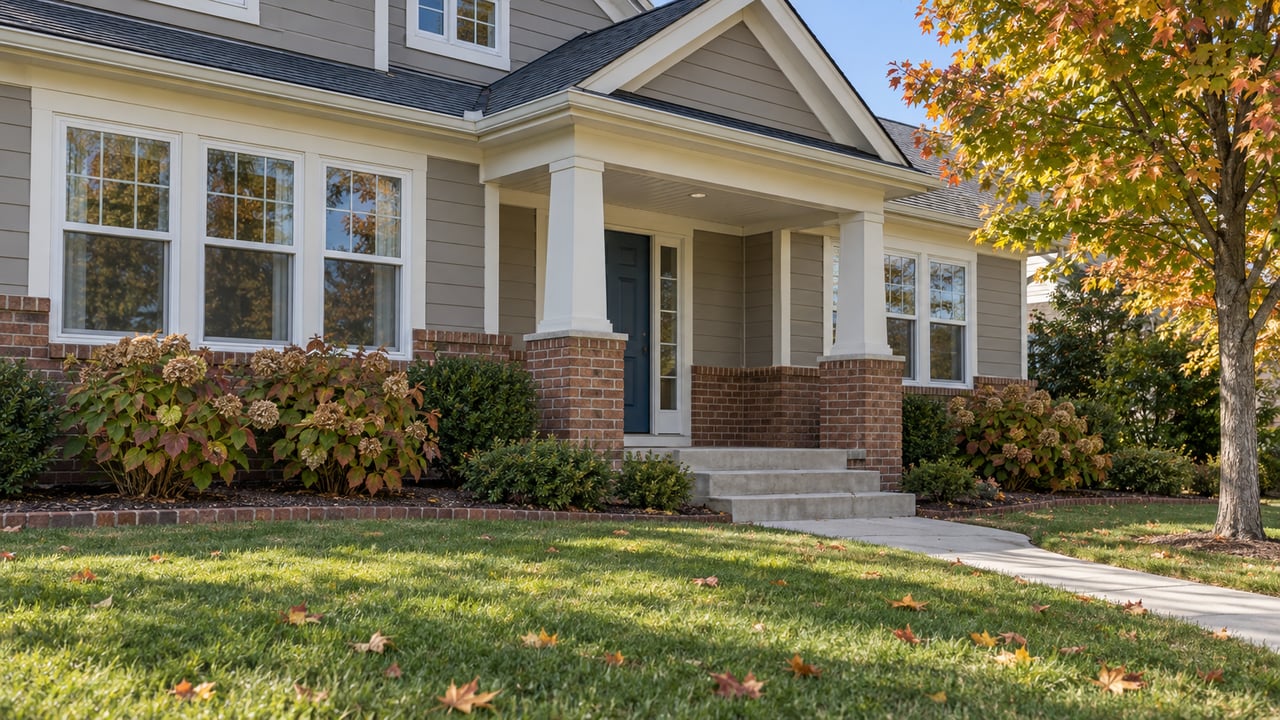 Brick and warm-gray sided home with cream porch columns, a blue entry door and autumn maple foliage beyond a broad front lawn.
