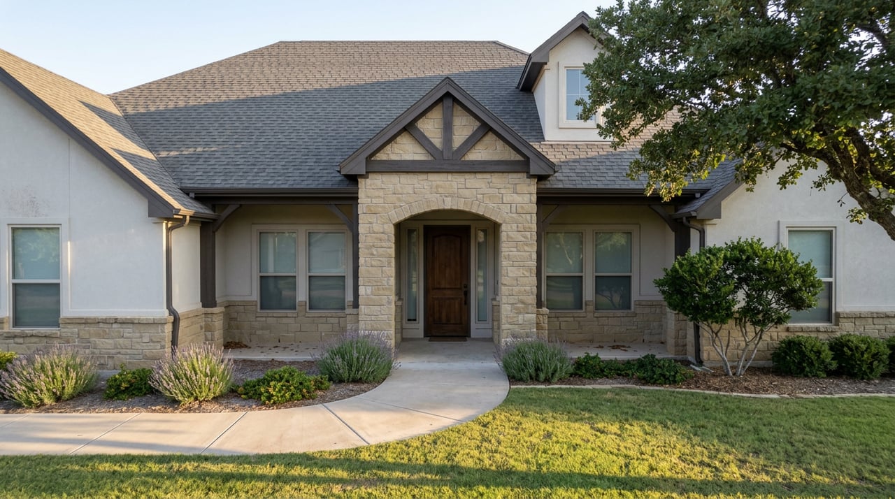 Stone-arched entry beneath dark timber trusses, with a curved walkway and mature tree canopy.