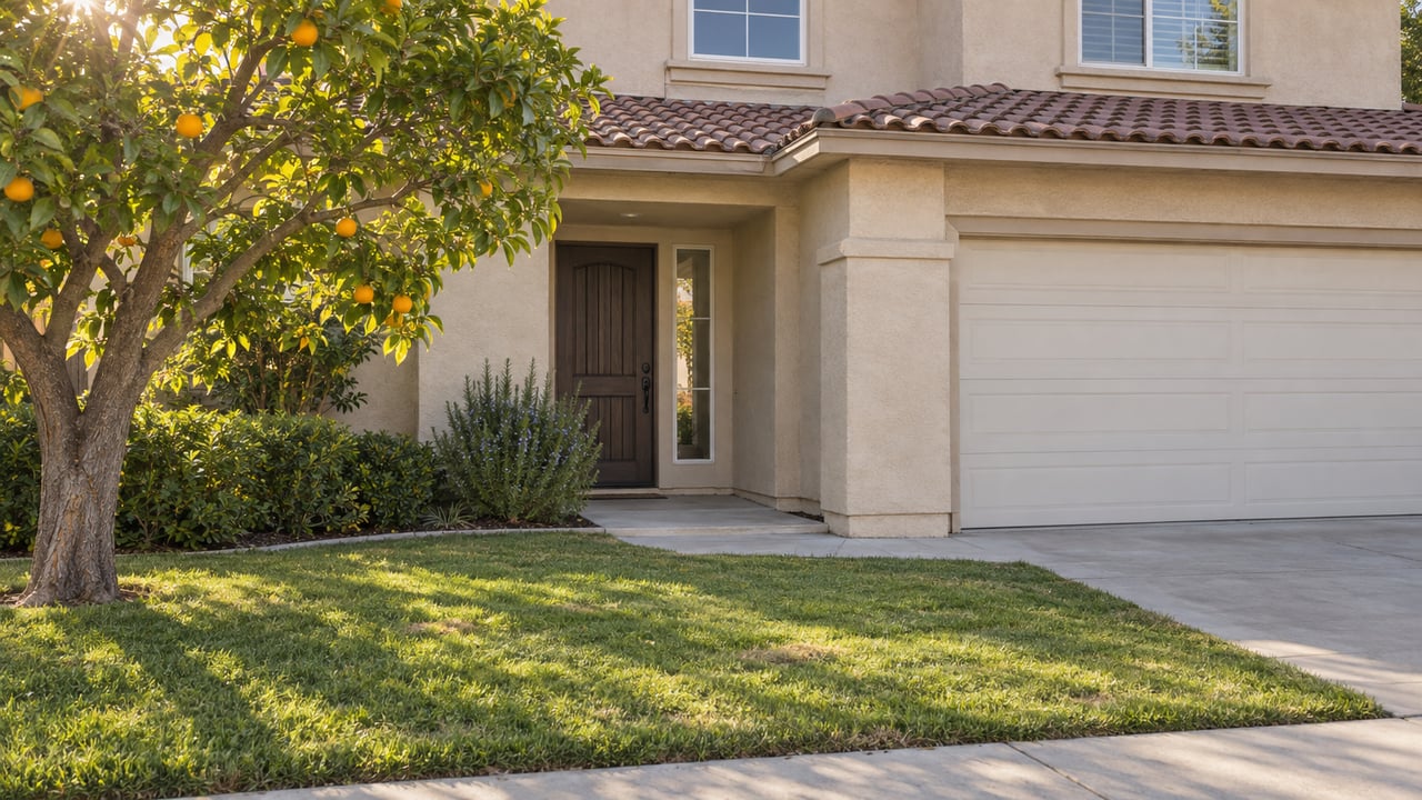 Tan stucco two-story house with a recessed timber entry, cropped garage, front lawn, and citrus tree.