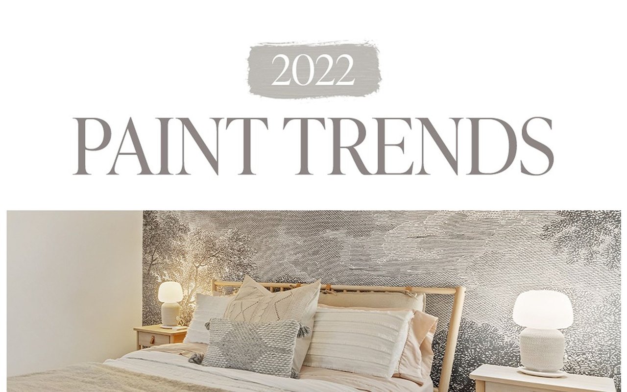 2022 paint trends graphic above a neutral bedroom with textured gray wallpaper