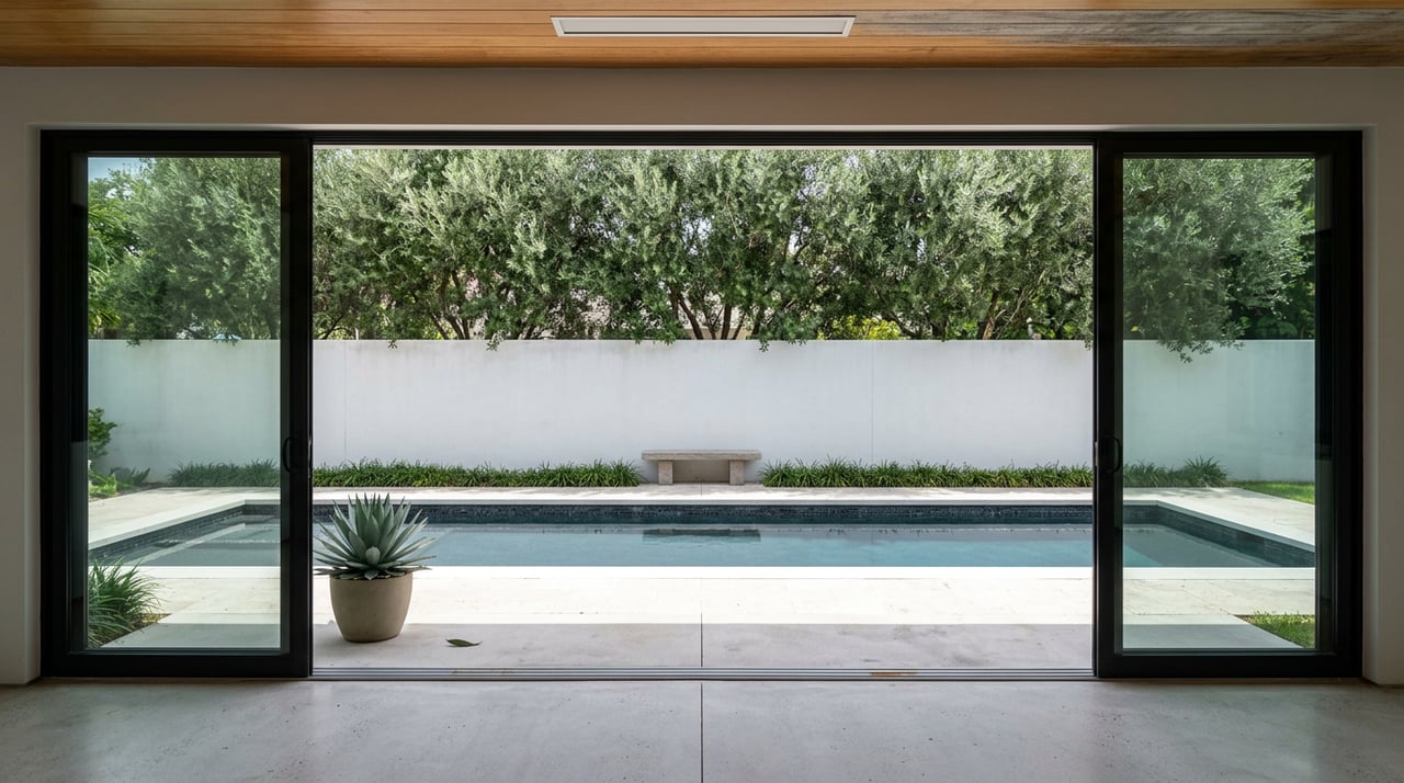 Private pool terrace with open glass doors, a stucco wall, olive tree, and potted agave.