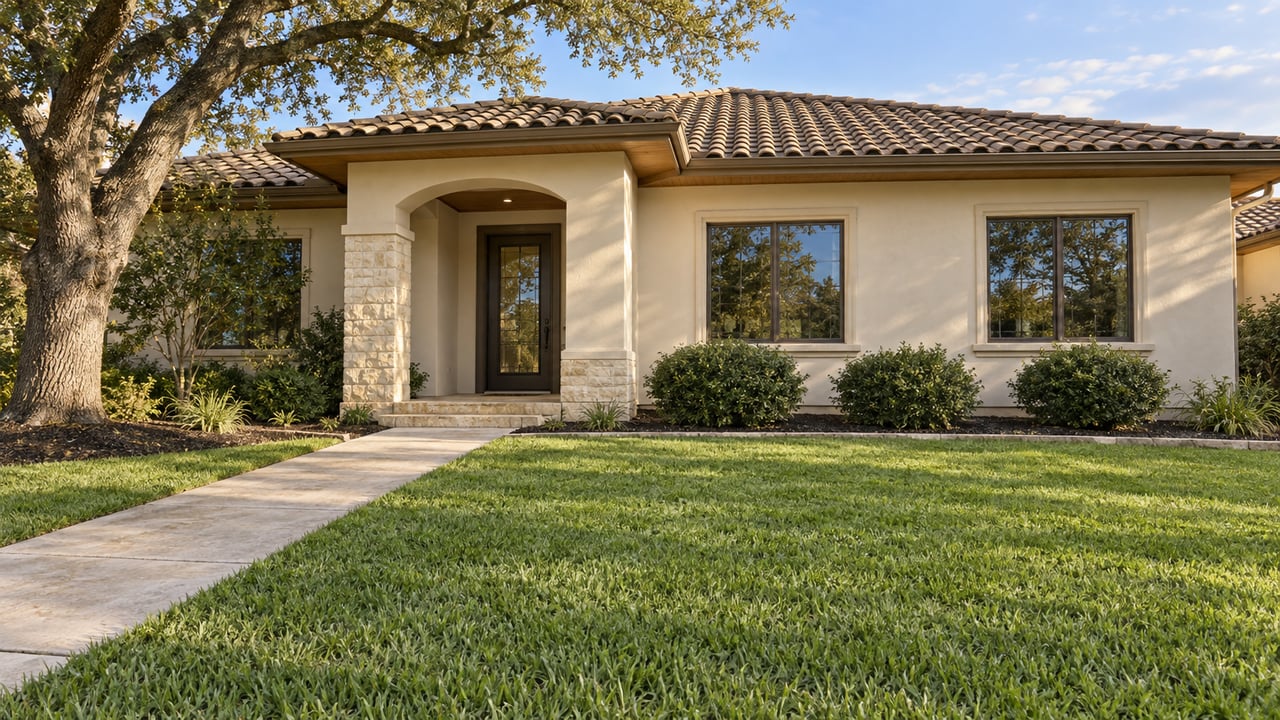 Light stucco home with a tile roof, recessed arched entry, broad green front lawn, and a mature branching oak.