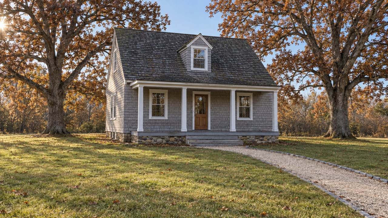 Weathered cedar-shingle cottage with a covered porch and deep autumn lawn between two mature white oaks.