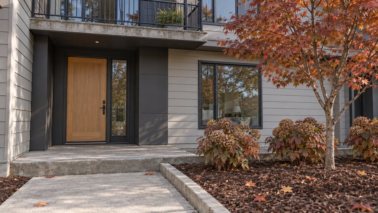 Contemporary townhome entry with pale-gray siding, black balcony railing and burgundy-orange maple foliage beside a concrete walk.