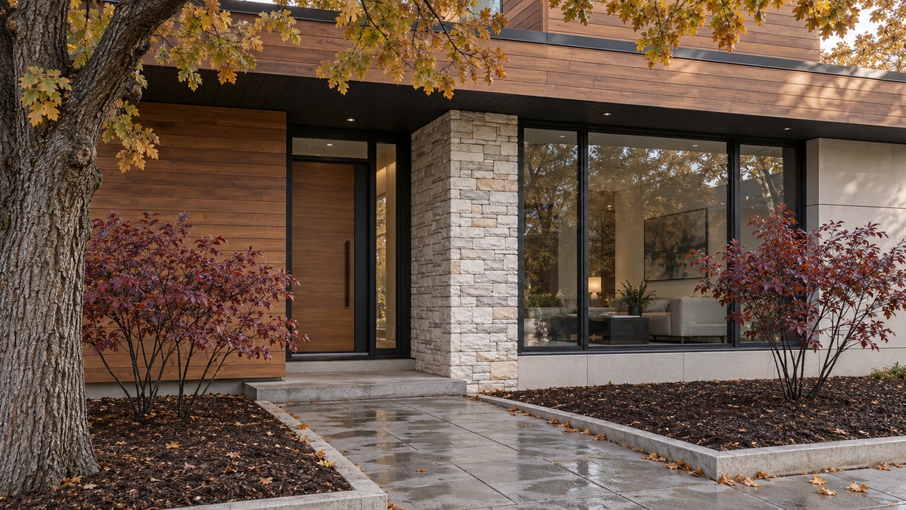 Modern cedar-clad home with a stone entry pier, wet pavers, and autumn leaves beneath a bur oak.