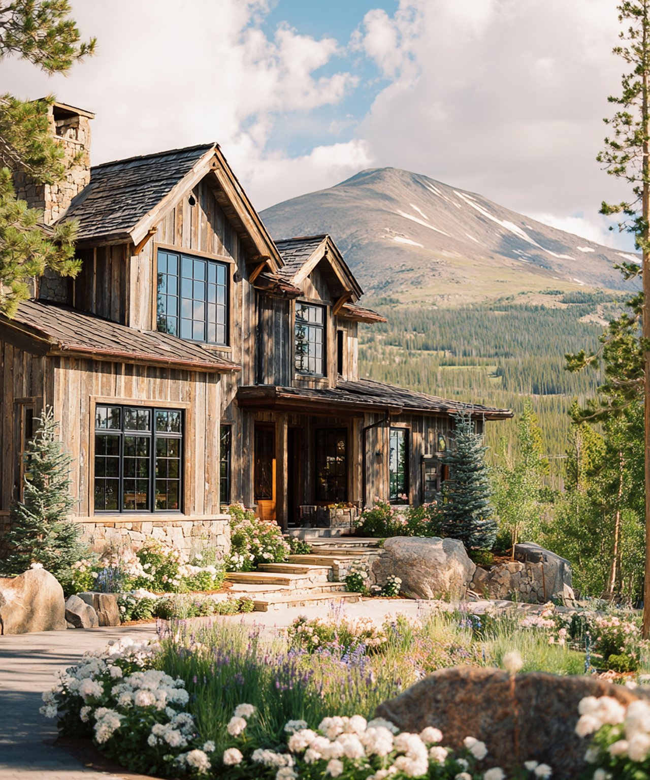 Rustic timber-and-stone mountain home framed by flowering gardens, with a mountain in the background.