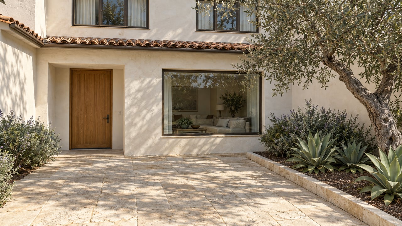 An ivory stucco home with faded clay roof tiles, bronze-framed windows and an oak entry door overlooks a limestone forecourt planted with an olive tree, agaves and sage.