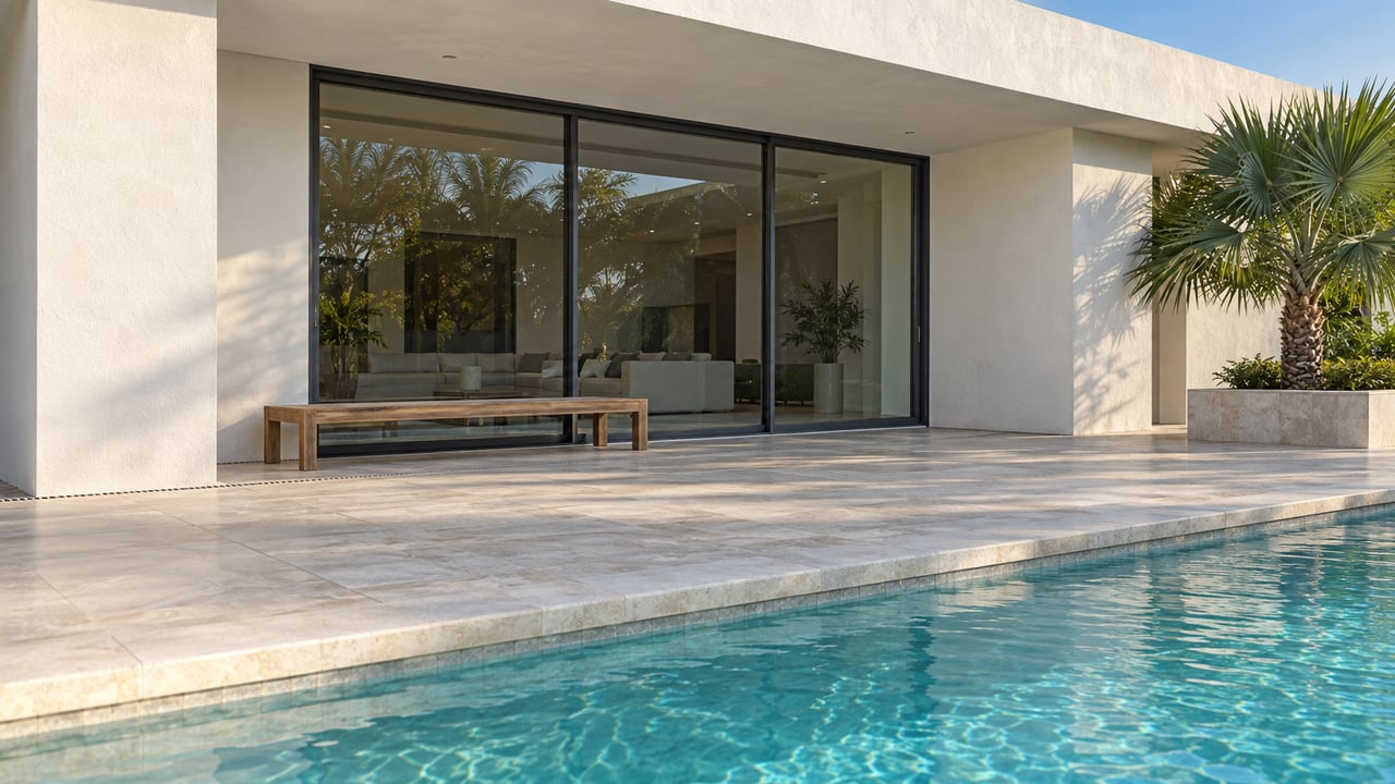 White-stucco waterfront home with closed glass doors, a limestone terrace, turquoise pool, and fan palm.