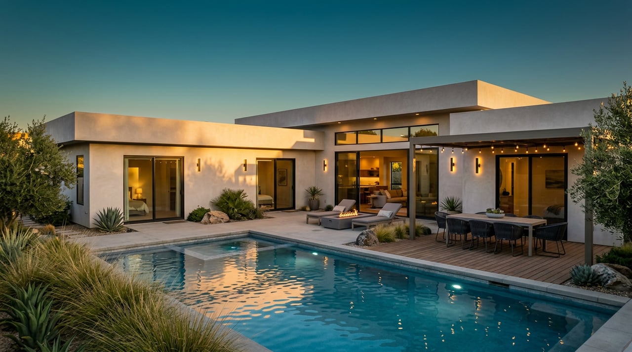 Stucco home with stone accent wall and timber pergola overlooking a pool and gravel xeriscape bed at dusk.