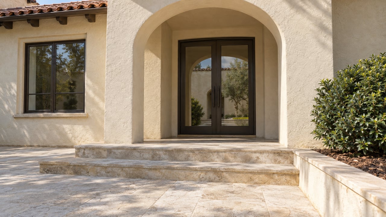Cream stucco home entrance with a deep arch, bronze-framed glass doors, limestone steps and a rounded myrtle shrub.