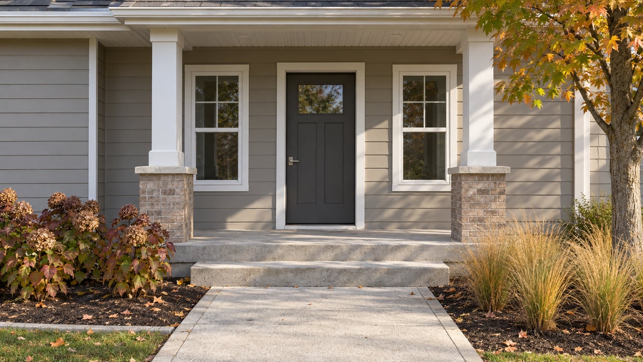 Greige-sided home entry with white porch posts, buff-brick bases, concrete steps, and autumn maple, oakleaf hydrangea, and prairie dropseed planting.