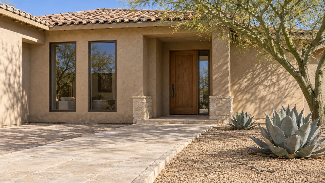 Sunlit stucco home with a clay-tile roof, recessed oak entry and limestone walk beside a palo verde tree and two agaves.