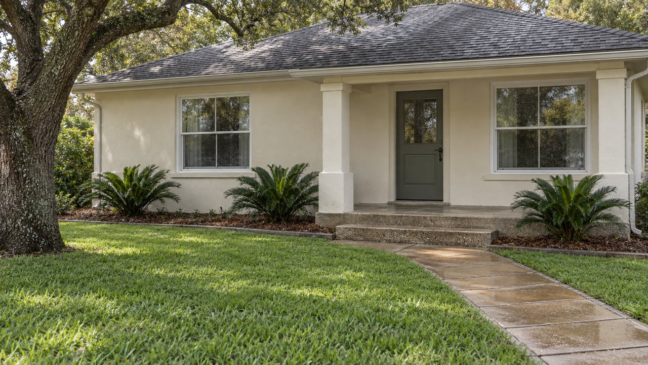 Single-story stucco house with a green front door, mature shade tree, and walkway across the lawn.