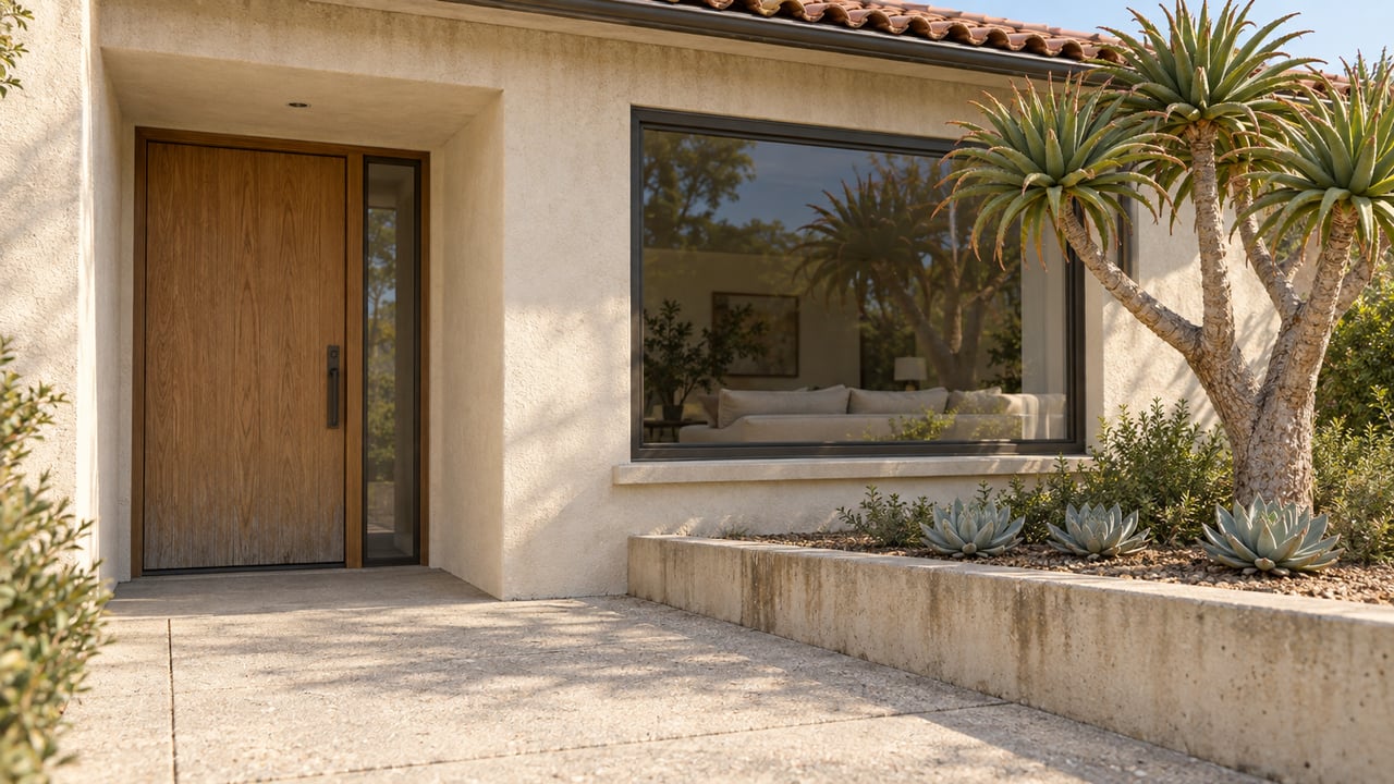 Sunlit ivory stucco home with a clay-tile roof, recessed oak entry, large bronze-framed window and sculptural aloe in a raised concrete planter.