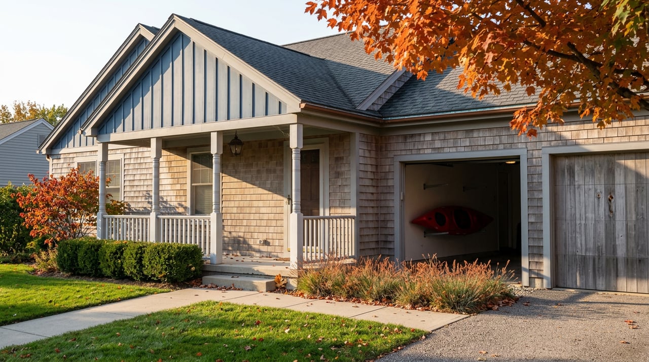 Gray-brown house with white porch posts, an open garage showing a red kayak, and orange-red maple leaves.