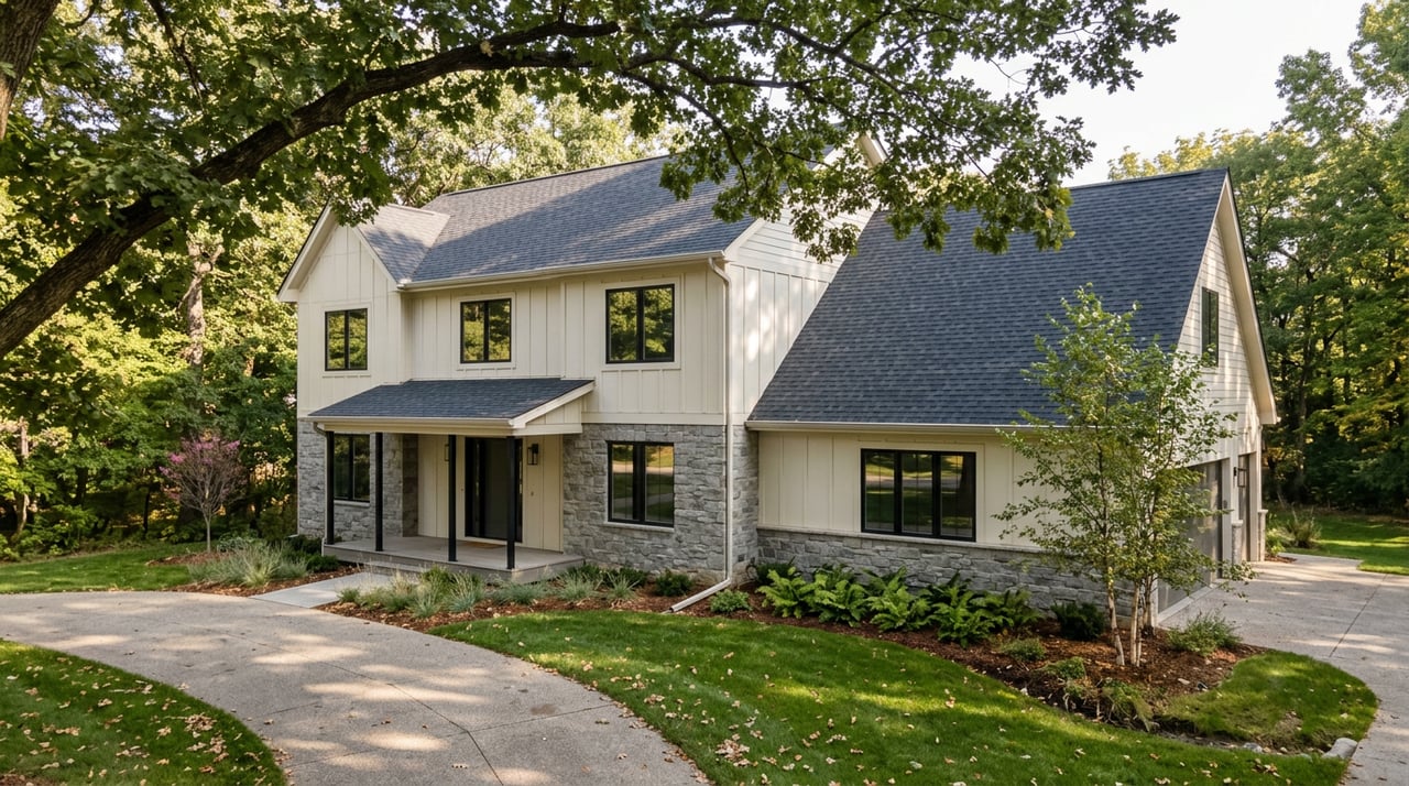 Two-story off-white home with gray stone veneer, beneath an oak canopy beside a broad lawn and curving driveway.