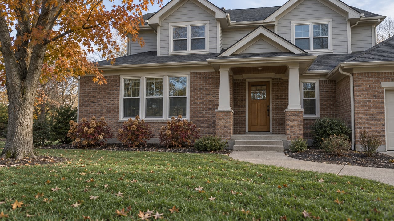 Late-fall view of a brick and gray-sided home with a covered oak entry, deep front lawn, copper sugar maple leaves and burgundy oakleaf hydrangeas.