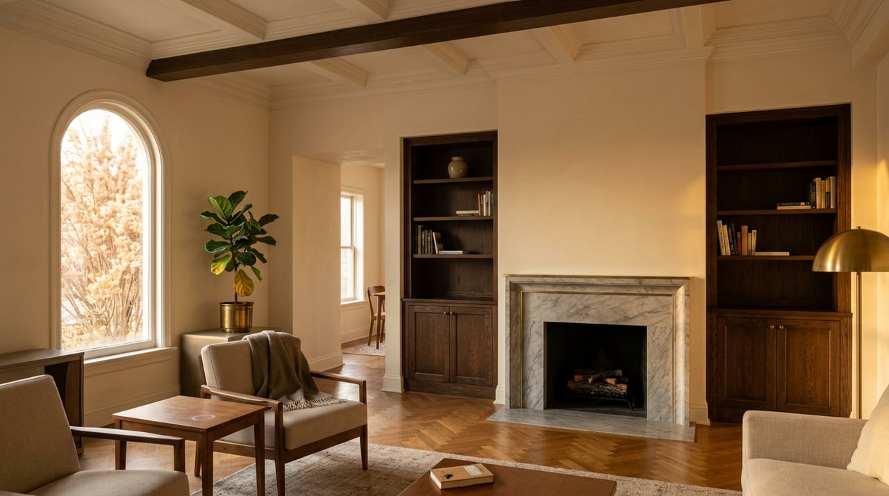 Living room with a marble fireplace, dark oak bookcases, an arched window, and a herringbone floor.