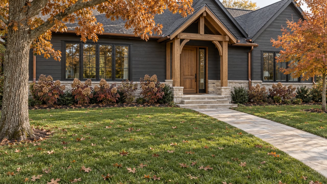 A charcoal-sided gabled home with a limestone entry, oak timber porch and deep lawn beneath copper-colored autumn trees.