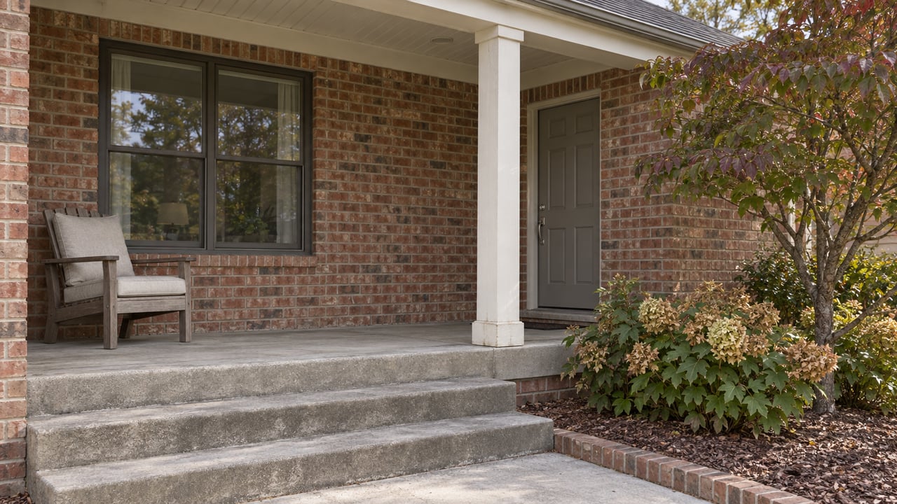 Close view of a brick home's covered porch with dark-trim windows, an oak chair, concrete steps, and autumn-tinged planting.