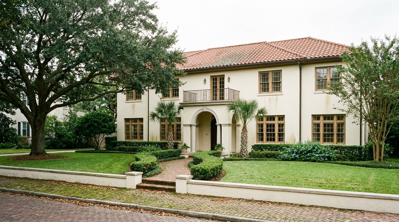 Two-story cream stucco home with terracotta roof, arched entry, palm trees, and a curving brick walkway.