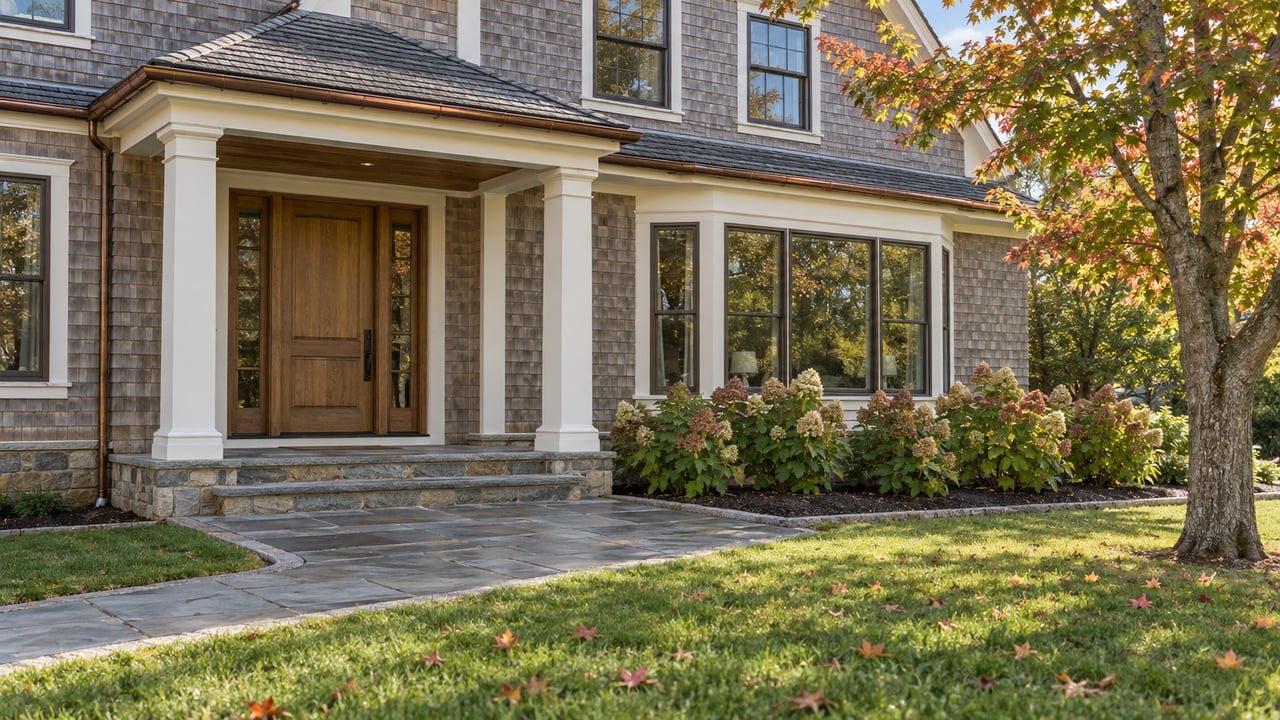 Weathered cedar-shingled home with an oak entry, bluestone approach, and autumn maple beside a deep lawn.