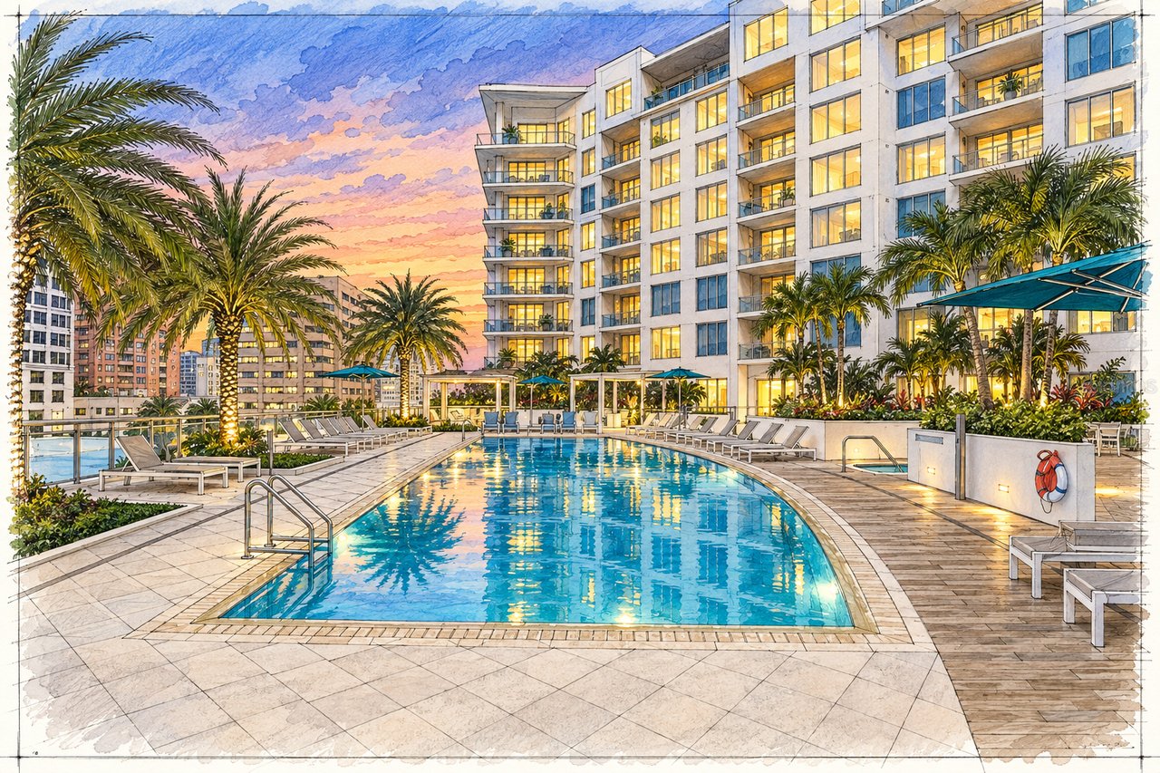Modern condominium pool deck with palm trees, lounge chairs, and illuminated balconies at sunset.