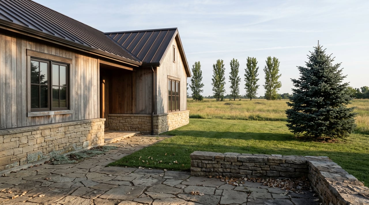 Stone-and-cedar ranch home beside a flagstone terrace, blue spruce, open pasture, and distant cottonwood trees.