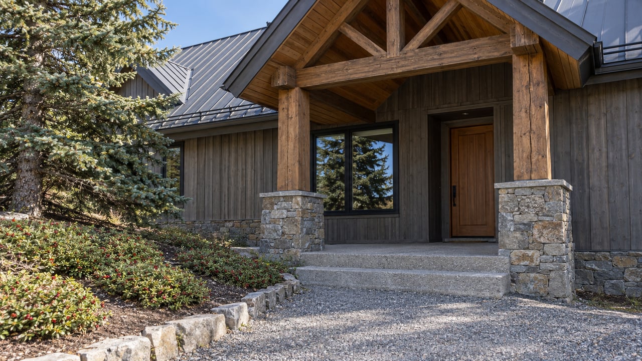 Timber-sided home with a steep metal roof, sheltered entry, stone porch base and a mature spruce beside its sloping approach.