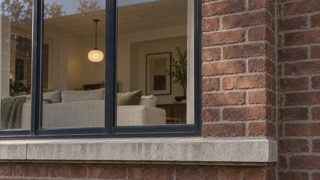 Close view of a dark-framed residential window set into weathered red-brown brick, with a limestone sill and a softly lit living room behind closed glass.