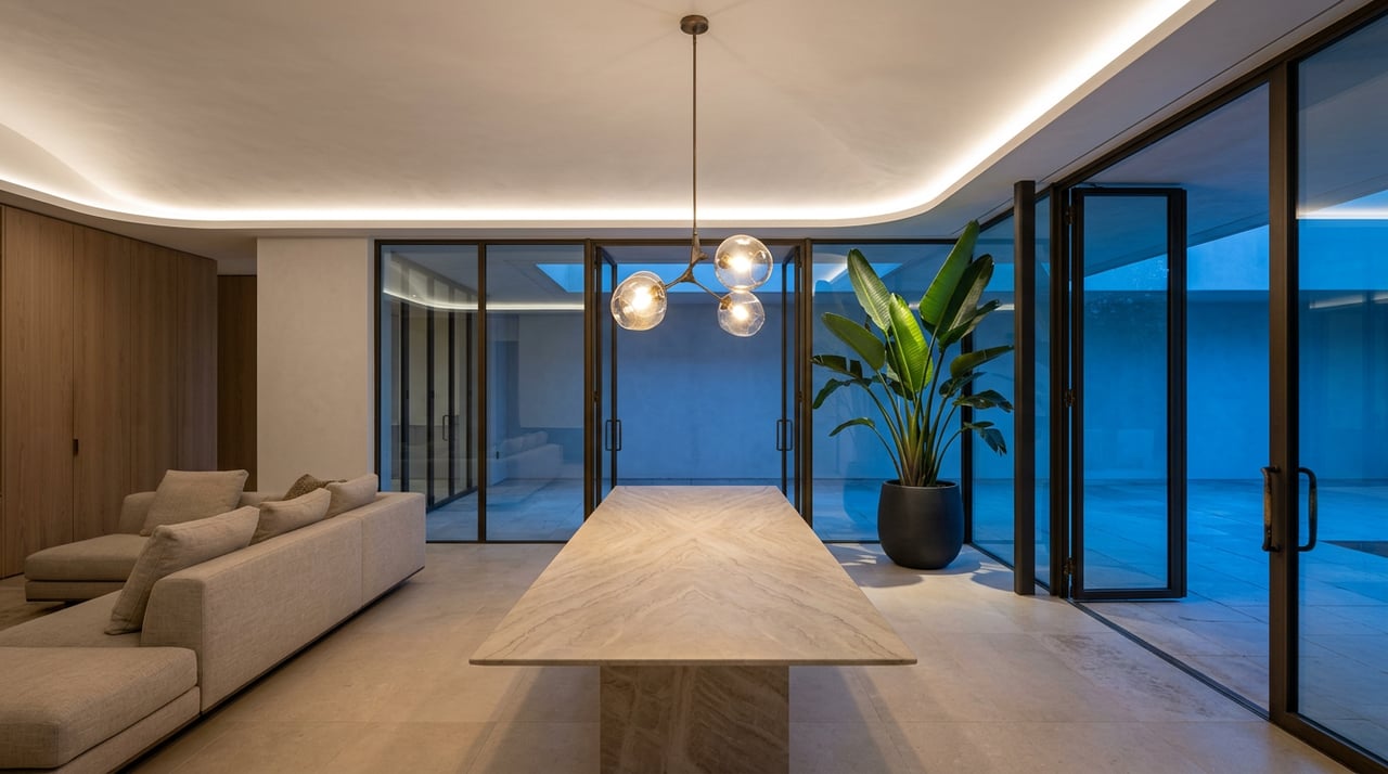 Three-globe bronze pendant above a limestone dining table, with open glass doors and a potted plant beyond.