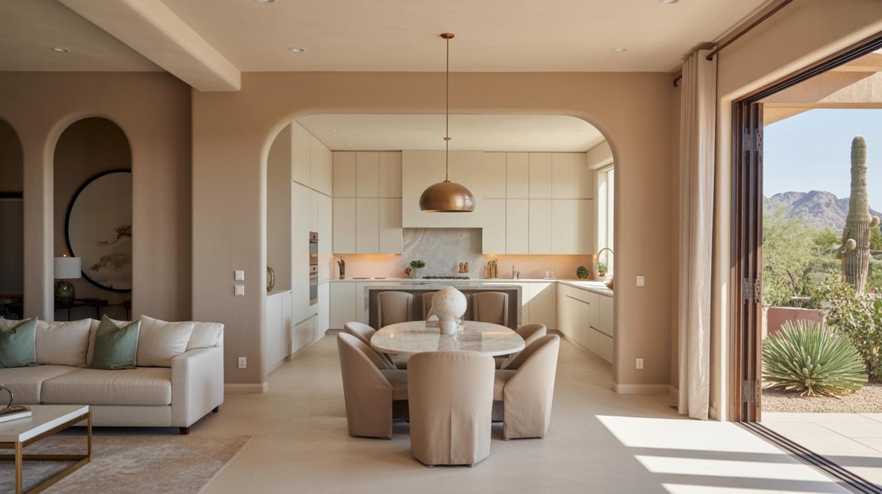 Neutral-toned open-plan living and dining room opens onto a desert garden with a tall cactus.