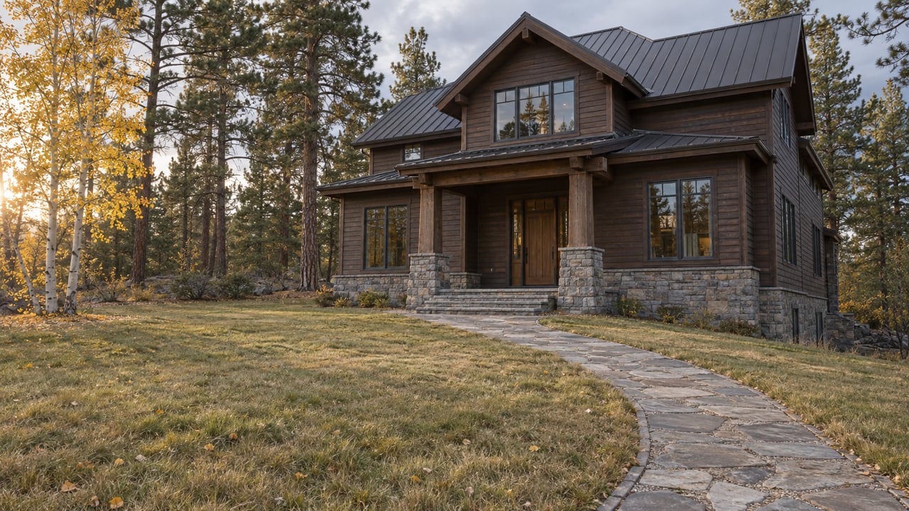 Timber and stone home with a covered porch, deep autumn lawn, and golden aspen beside mature pines.