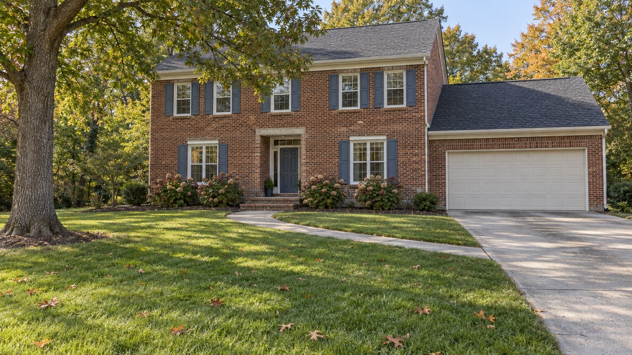 Two-story brick home with blue shutters, a deep front lawn and mature hardwood trees in early autumn.