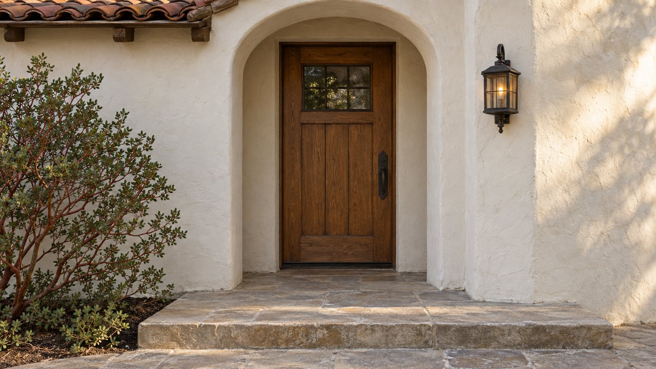 Closed weathered oak door beneath a plaster arch, beside an iron lantern and autumn shrub.